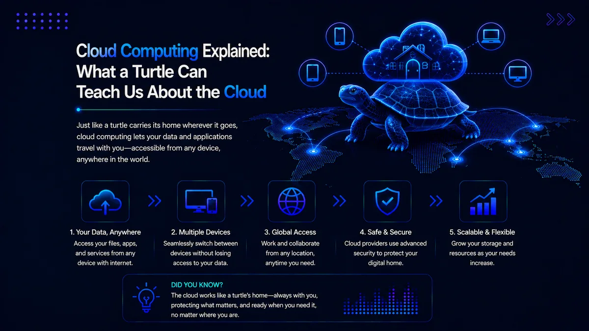 Illustration for the blog Cloud Computing Explained, showing a turtle carrying a cloud to represent secure, scalable cloud access to data and applications across multiple devices worldwide.
