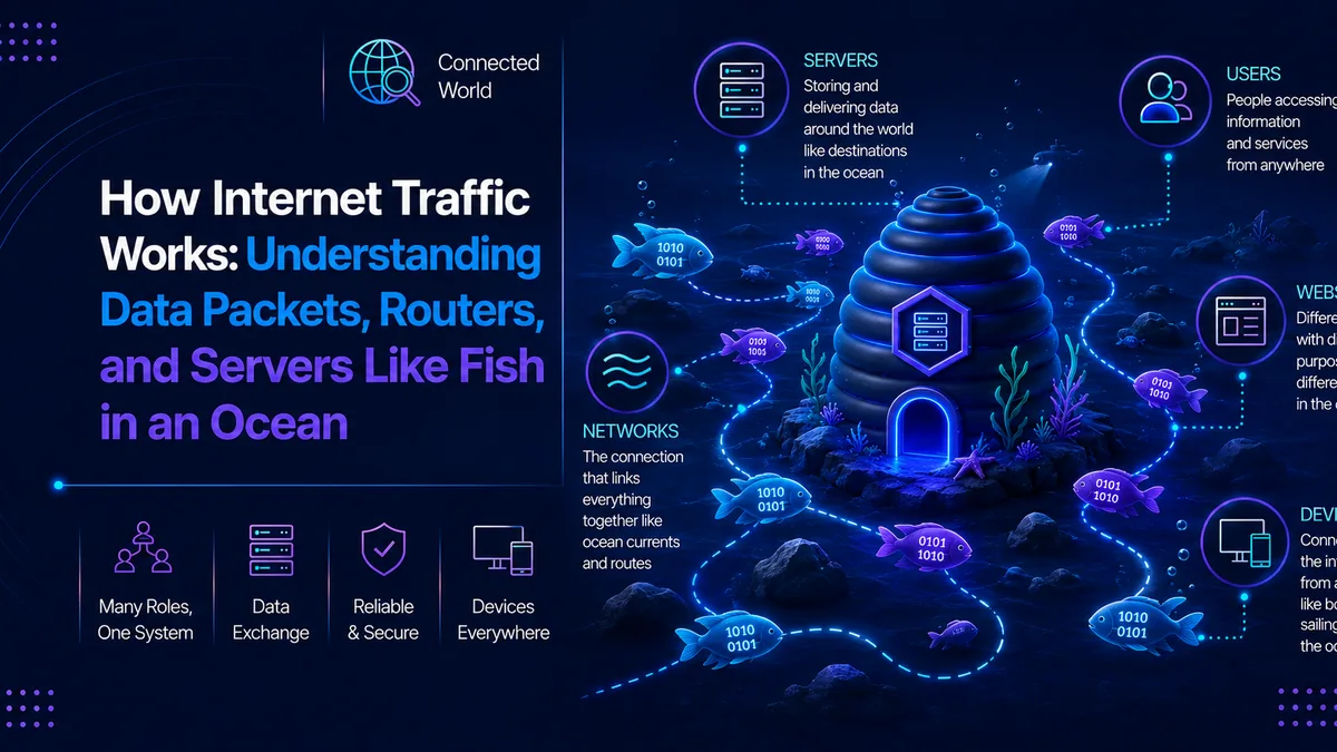 Illustration for the blog How Internet Traffic Works, showing data packets as fish moving through networks, routers, servers, websites, users and connected devices like an ocean ecosystem.