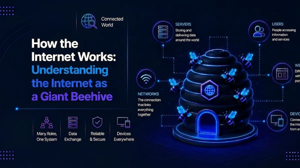 Illustration for the blog How the Internet Works, showing the internet as a giant beehive connecting servers, networks, websites, users and devices in one digital system.
