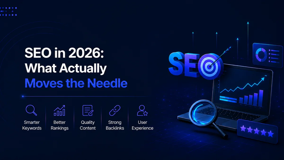 Illustration for the blog SEO in 2026: What Actually Moves the Needle, showing keyword research, rankings, quality content, backlinks and user experience driving SEO growth.