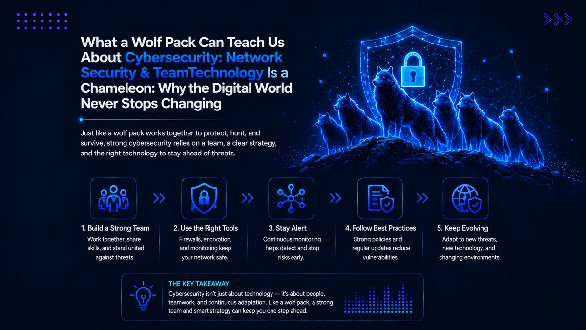 lustration for a cybersecurity blog showing a wolf pack protecting a digital network, representing teamwork, network security, monitoring, security tools and best practices against cyber threats.