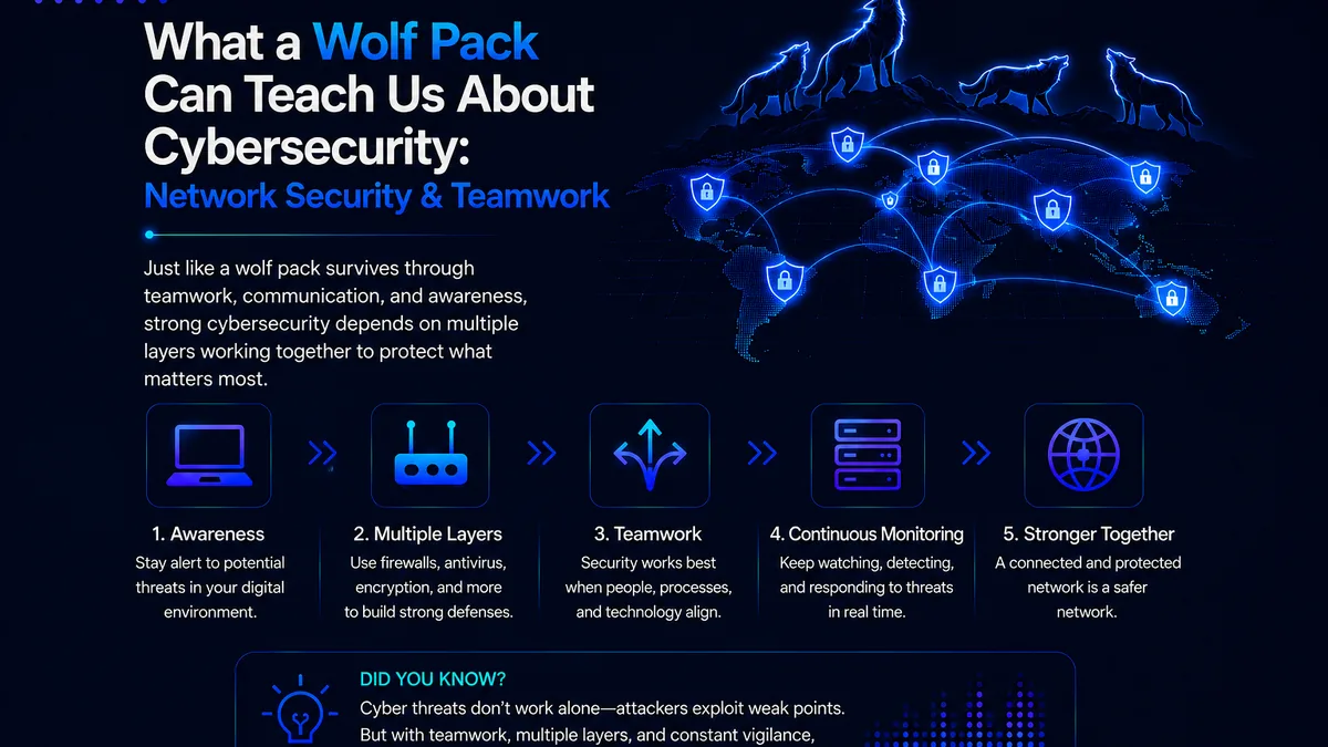 Illustration for the blog What a Wolf Pack Can Teach Us About Cybersecurity, showing wolves protecting a connected global network to represent teamwork, multiple security layers, continuous monitoring and network protection.
