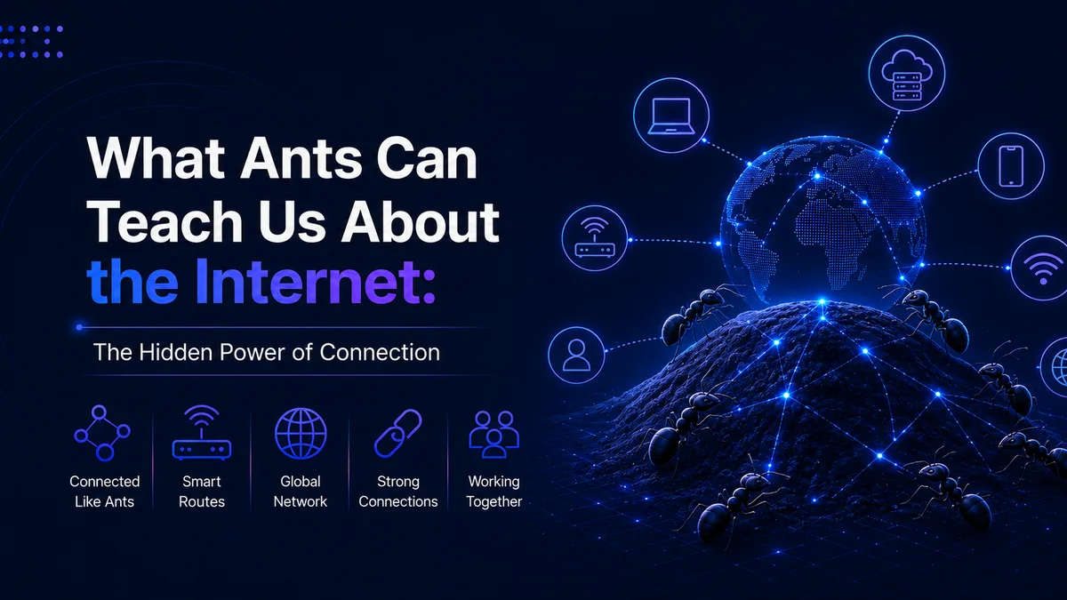 Illustration for the blog What Ants Can Teach Us About the Internet, showing ants working across a connected global network to represent smart routes, strong connections and teamwork online.