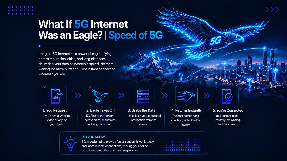 Illustration for the blog What If 5G Internet Was an Eagle, showing a digital eagle carrying data across connected cities and networks to represent the speed and low latency of 5G.