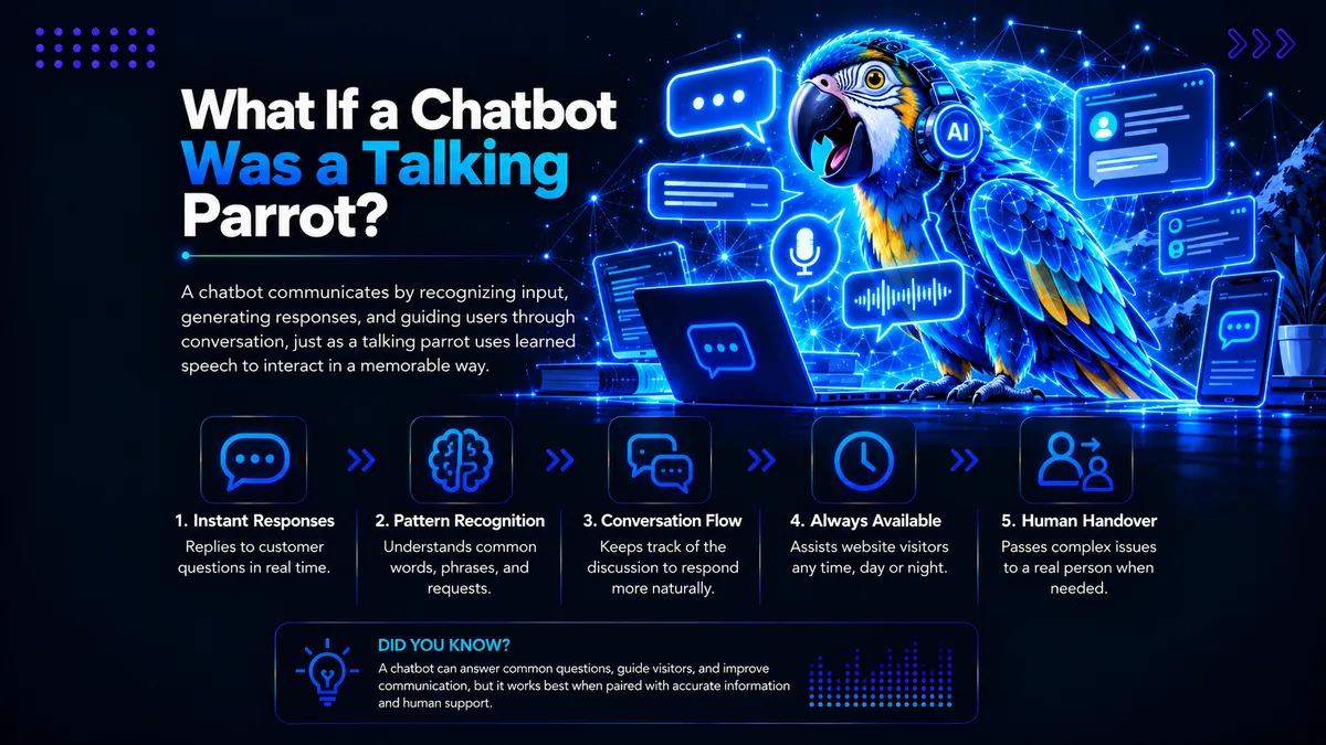 Illustration for the blog What If a Chatbot Was a Talking Parrot, showing an AI-powered parrot chatbot giving instant responses, recognizing patterns, managing conversation flow, providing 24/7 support and handing complex issues to a human.