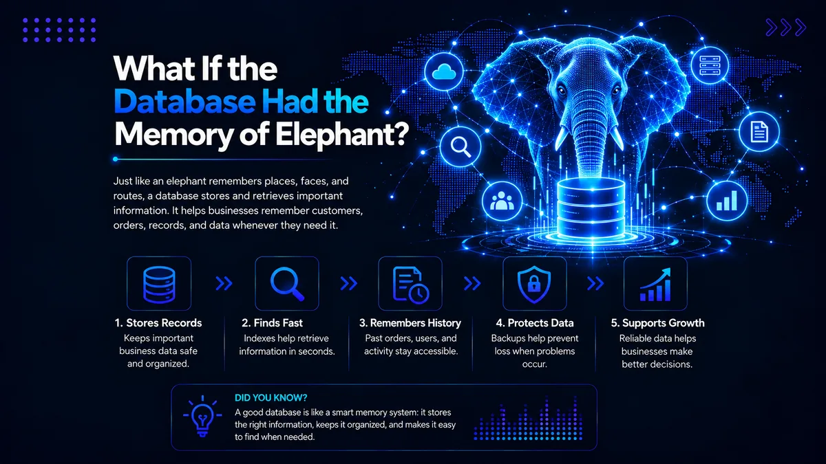 Illustration for the blog What If the Database Had the Memory of an Elephant, showing an elephant connected to a database to represent data storage, fast retrieval, history, security and business growth.