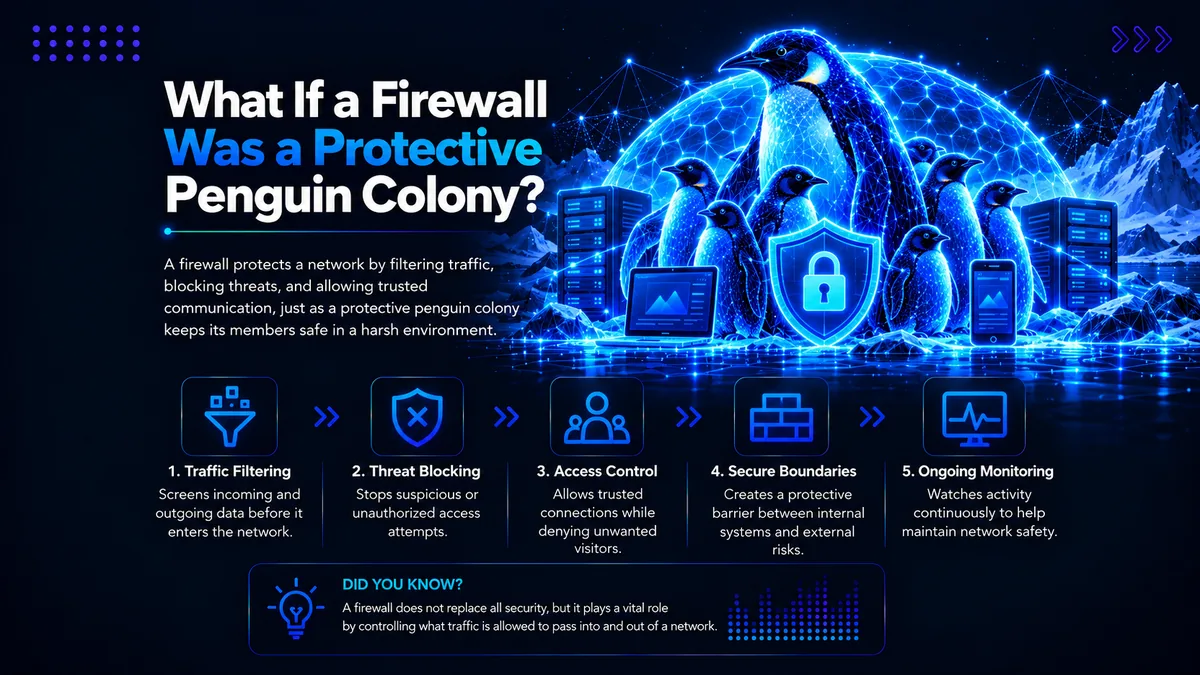 Illustration for the blog What If a Firewall Was a Protective Penguin Colony, showing penguins guarding servers and devices with a digital security shield to represent traffic filtering, threat blocking, access control, secure boundaries and continuous ne