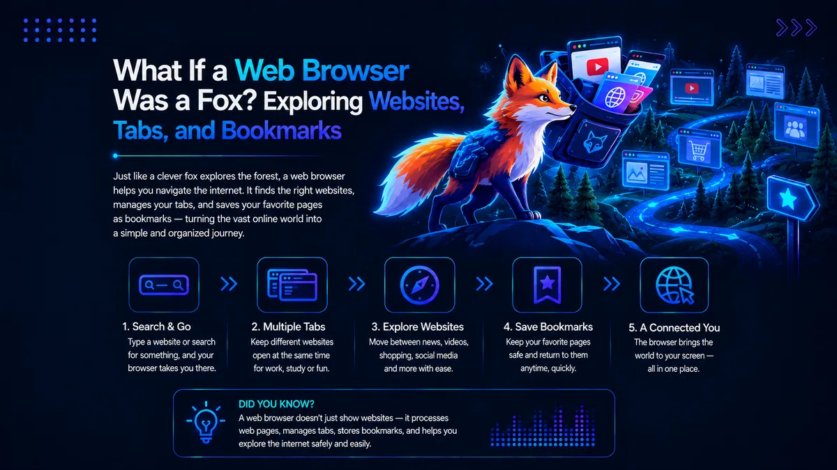 Illustration for the blog What If a Web Browser Was a Fox, showing a fox exploring websites, managing multiple tabs, saving bookmarks and navigating the internet.