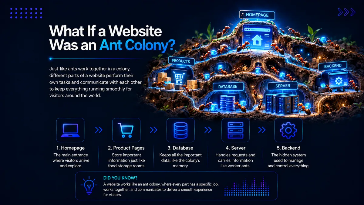 Illustration for the blog What If a Website Was an Ant Colony, showing ants managing a homepage, product pages, database, server and backend like parts of a working website.