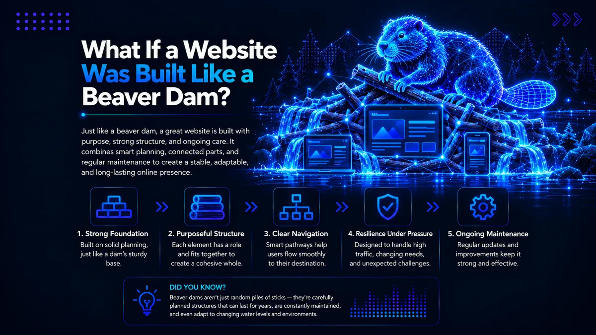 Illustration for the blog What If a Website Was Built Like a Beaver Dam, showing a digital beaver dam with website screens to represent strong foundations, clear navigation, resilience, structure and ongoing website maintenance.