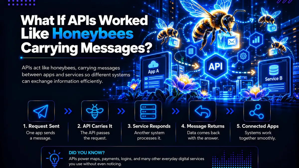 Illustration for the Arish IT Services blog What If APIs Worked Like Honeybees Carrying Messages, showing APIs transferring requests and responses between connected apps and services like honeybees carrying messages.