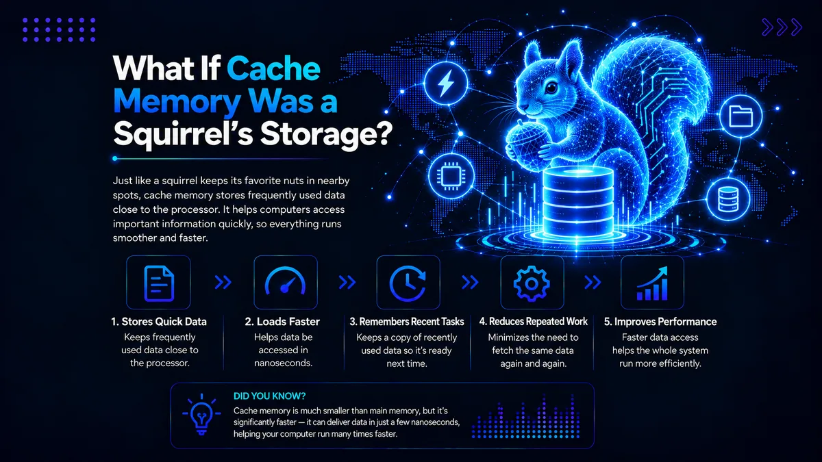 Illustration for the blog What If Cache Memory Was a Squirrel’s Storage, showing a digital squirrel storing frequently used data to represent faster access, reduced repeated work and improved computer performance.
