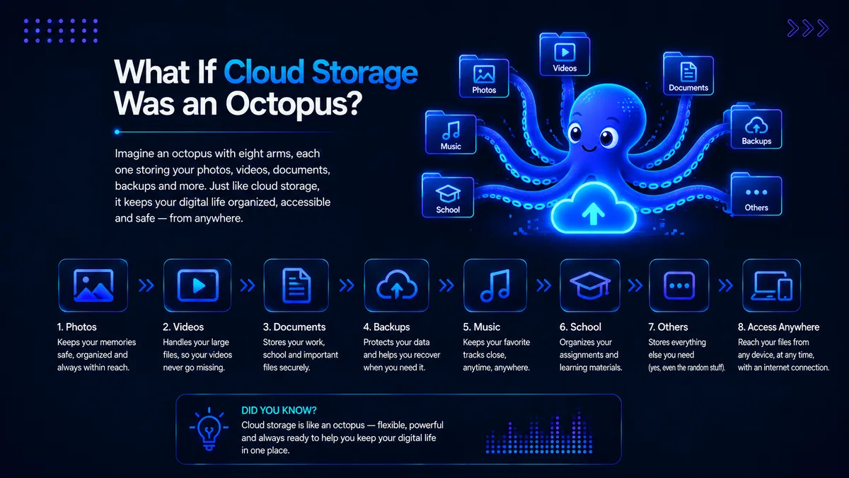 Illustration for the blog What If Cloud Storage Was an Octopus, showing an octopus organizing photos, videos, documents, backups, music and other files to represent cloud storage and access from anywhere.