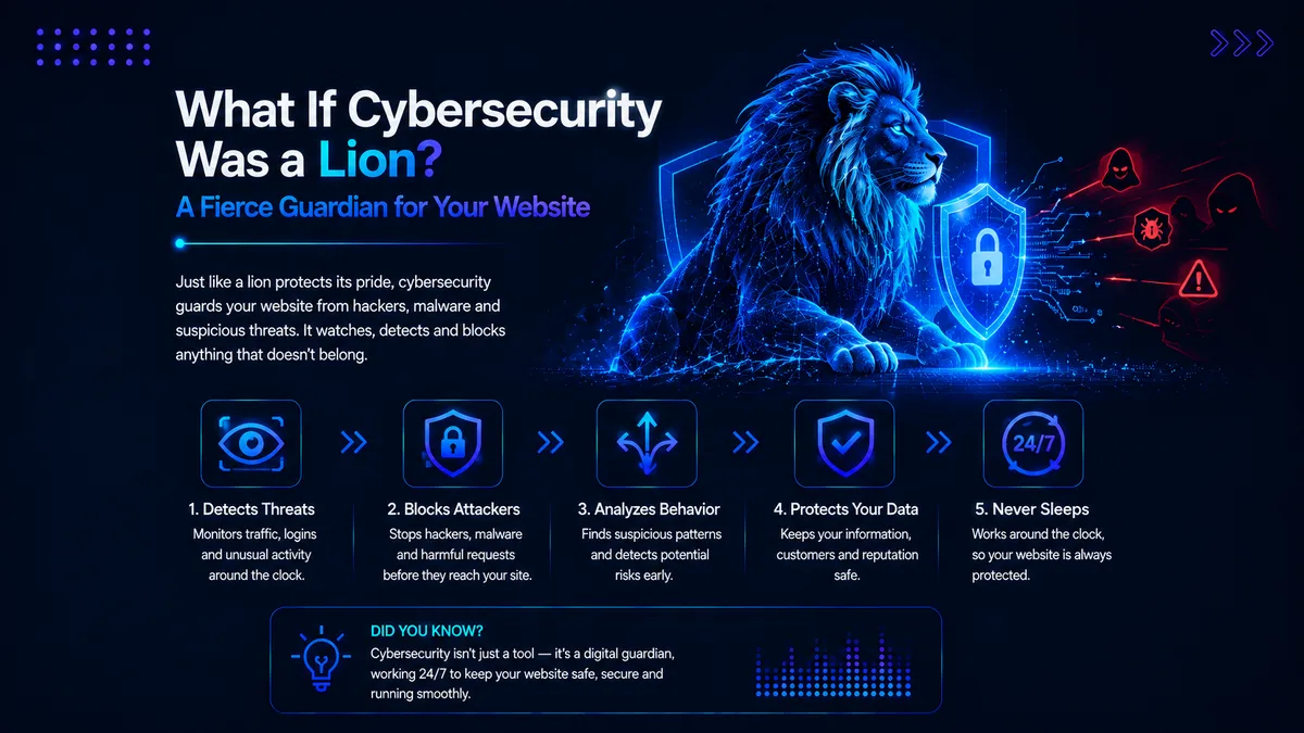 Illustration for the blog What If Cybersecurity Was a Lion, showing a digital lion guarding a website with a security shield against hackers, malware and online threats.
