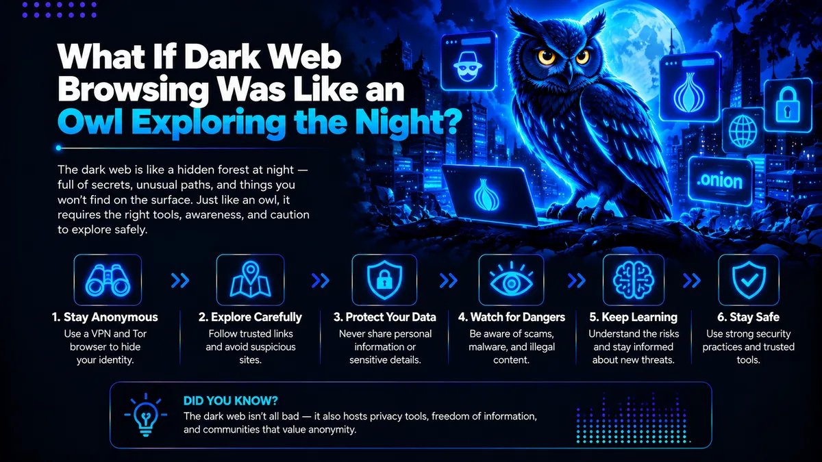 Illustration for the Arish IT Services blog “What If Dark Web Browsing Was Like an Owl Exploring the Night?” showing an owl using a laptop with Tor and onion icons, highlighting dark web browsing safety, online anonymity, data protection, privacy tools, a