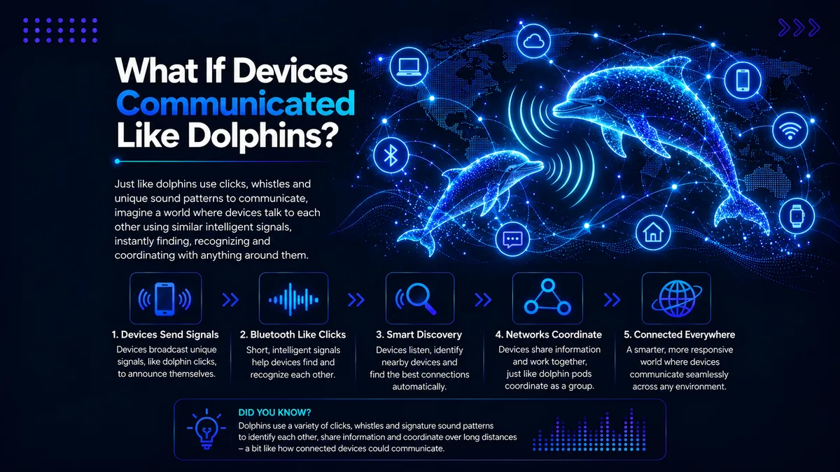 Illustration for the blog What If Devices Communicated Like Dolphins, showing connected devices exchanging signals like dolphin clicks and whistles through Bluetooth, Wi-Fi, smart discovery, and coordinated networks.