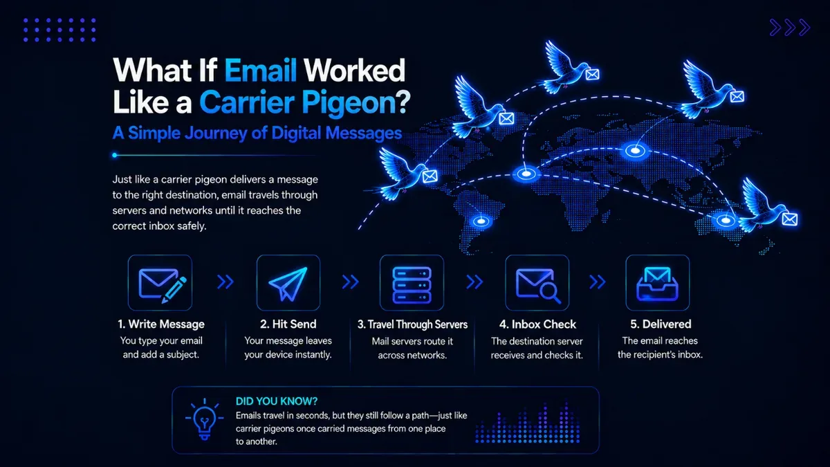 Illustration for the blog What If Email Worked Like a Carrier Pigeon, showing digital messages traveling through servers and networks like carrier pigeons delivering mail.