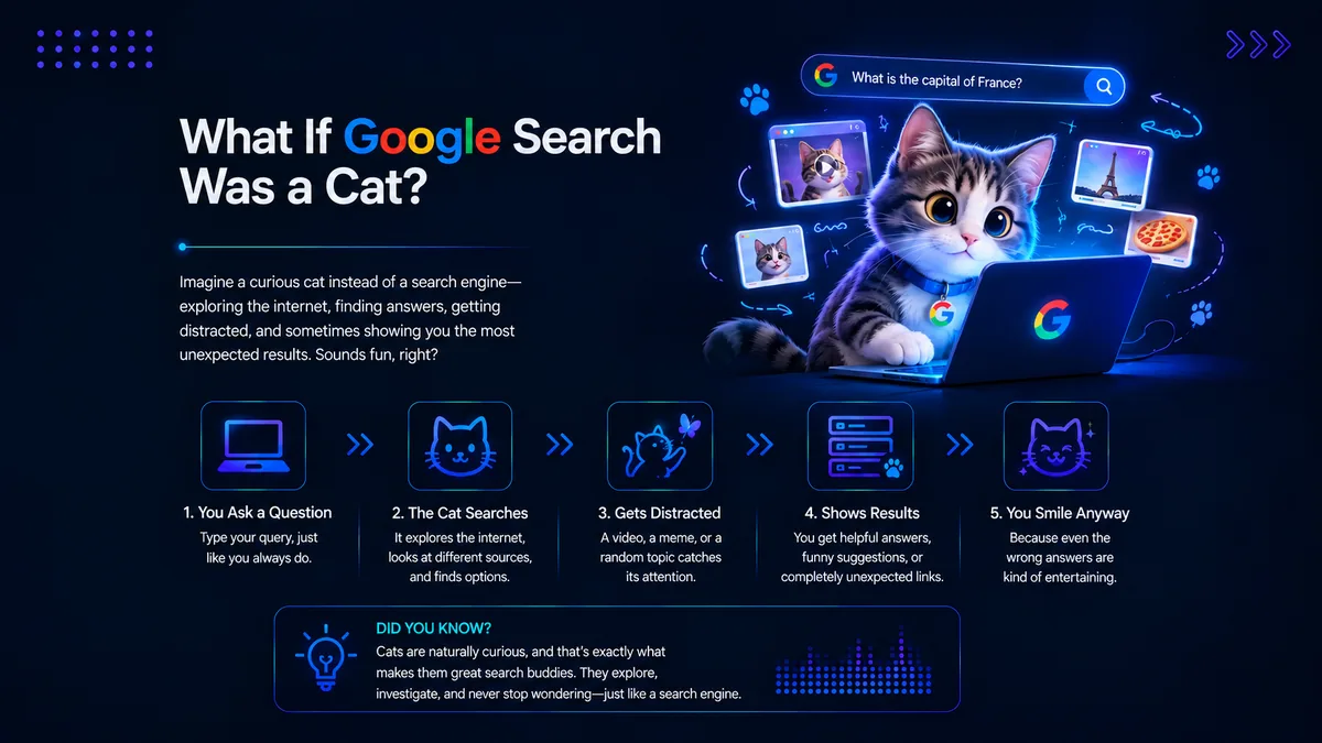 Illustration for the blog What If Google Search Was a Cat, showing a curious cat using Google Search to explore questions, browse results, discover content and find information online.