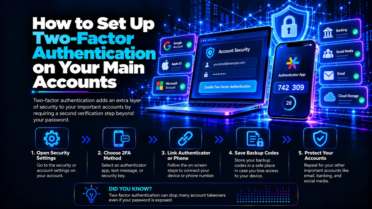 Illustration for the Arish IT Services blog How to Set Up Two-Factor Authentication on Your Main Accounts, showing 2FA security settings, an authenticator app, verification codes, backup codes, and protected email, banking, social media, and cloud account