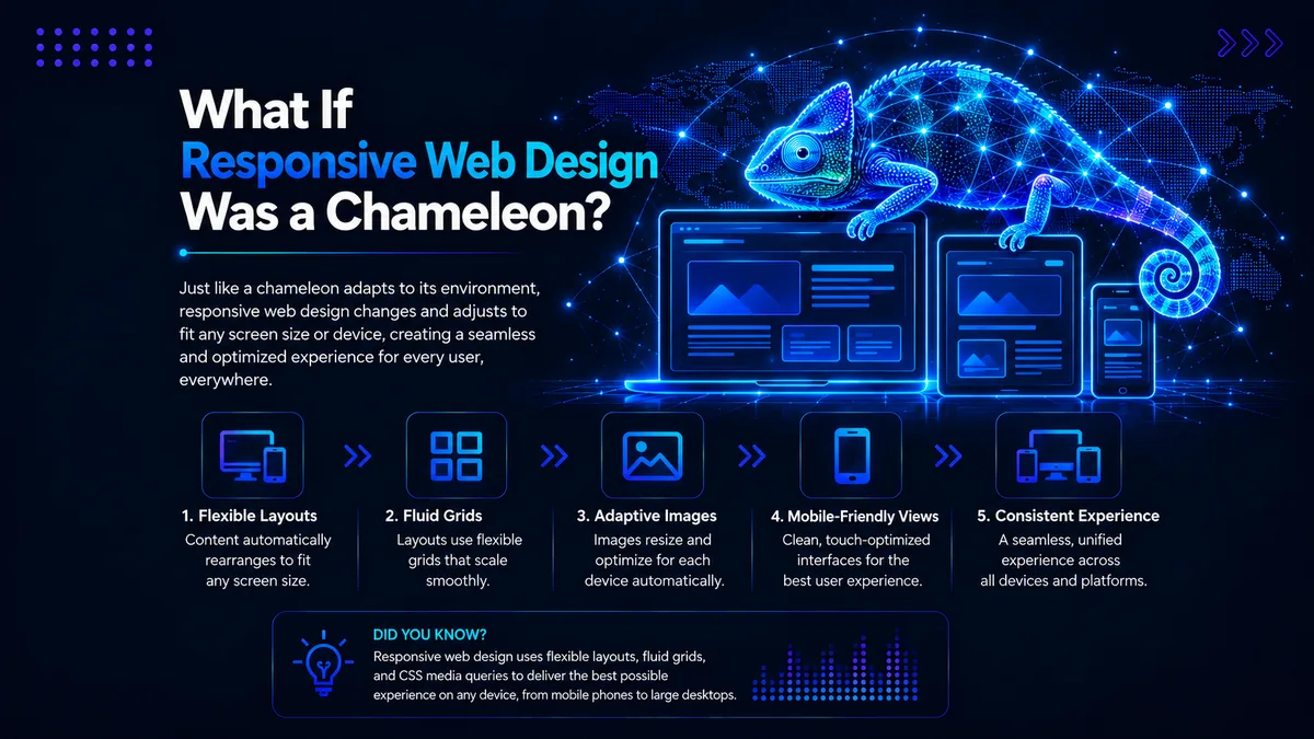 Illustration for the blog What If Responsive Web Design Was a Chameleon, showing a digital chameleon adapting across desktop, tablet, and mobile screens to represent flexible layouts, fluid grids, adaptive images, and mobile-friendly design.