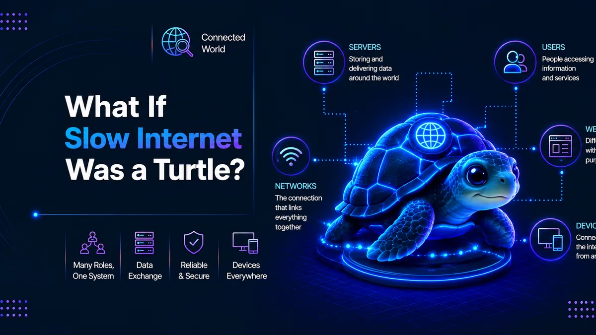 Illustration for the blog What If Slow Internet Was a Turtle, showing a digital turtle connected to servers, networks, websites, users and devices to represent slow internet