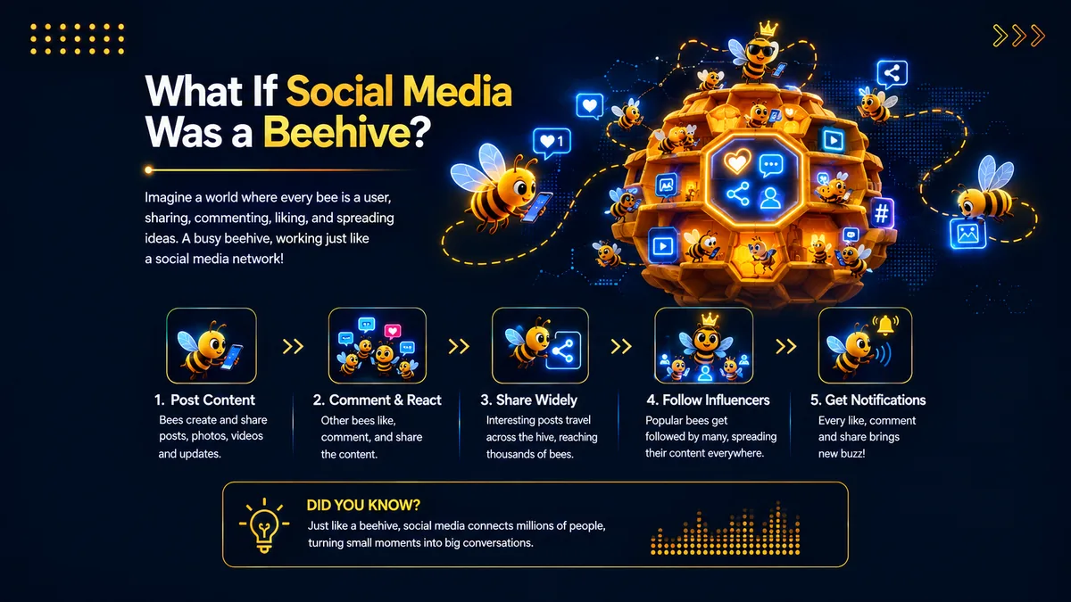 Illustration for the blog What If Social Media Was a Beehive, showing bees posting, commenting, sharing content, following influencers and receiving notifications inside a connected social media hive.