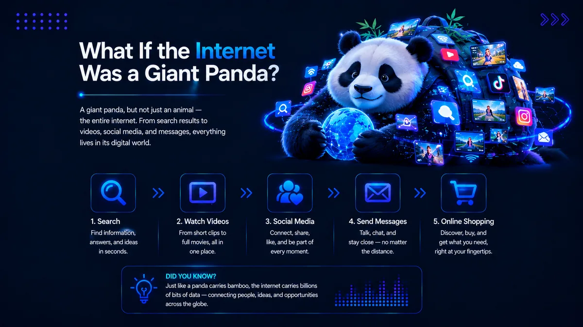 Illustration for the blog What If the Internet Was a Giant Panda, showing a panda surrounded by search, video, social media, messaging and online shopping icons to represent the connected digital world.
