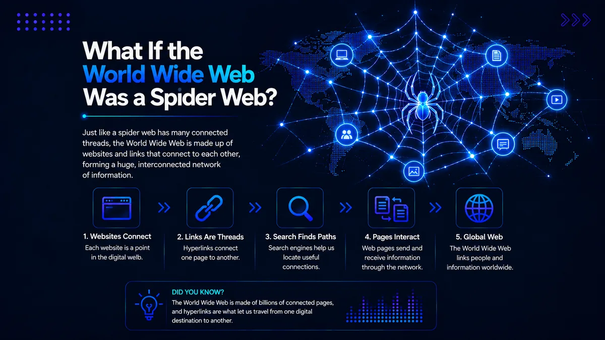Illustration for the blog What If the World Wide Web Was a Spider Web, showing websites and hyperlinks connected like threads in a spider web across a global network.
