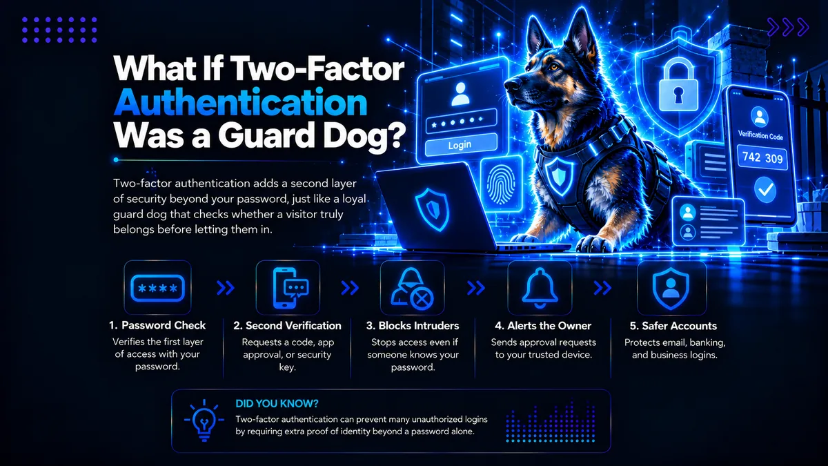 Illustration for the blog What If Two-Factor Authentication Was a Guard Dog, showing a digital guard dog protecting login access with password checks, verification codes, security alerts and account protection.
