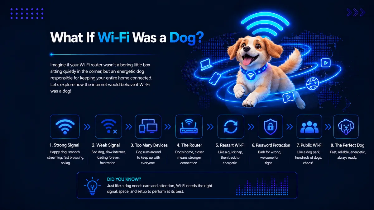 Illustration for the blog What If Wi-Fi Was a Dog, showing an energetic dog with Wi-Fi signals to represent strong and weak connections, routers, devices, password protection and public Wi-Fi.