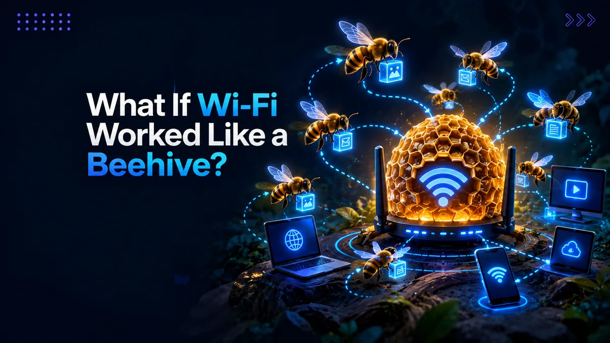 Illustration for the blog What If Wi-Fi Worked Like a Beehive, showing bees carrying digital data between a beehive-style Wi-Fi router and connected devices.