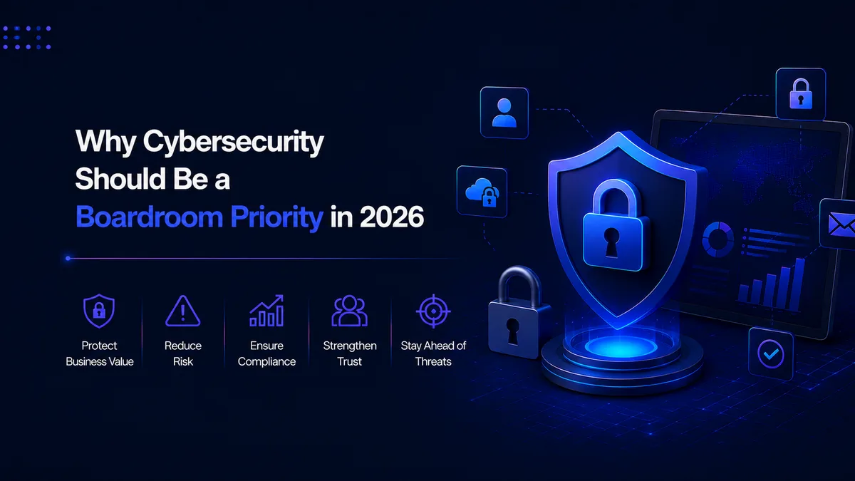 Illustration for the blog Why Cybersecurity Should Be a Boardroom Priority in 2026, showing digital security shields and locks representing risk reduction, compliance, trust and protection against cyber threats.