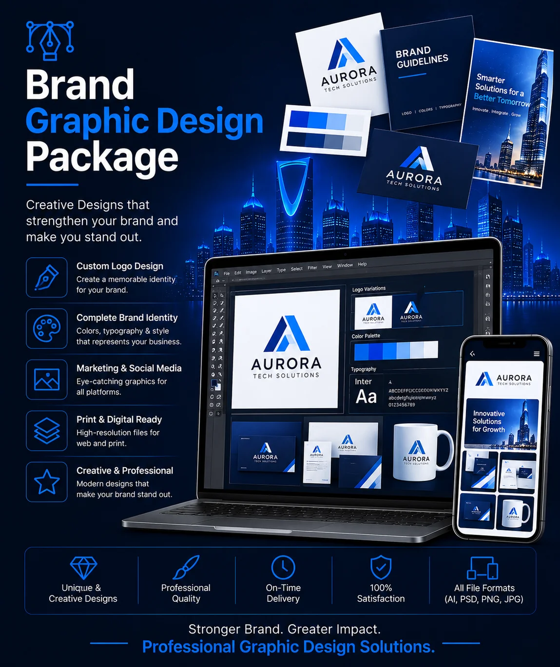 Brand graphic design portfolio project by Arish IT Services featuring custom logo design, brand identity, social media graphics, print materials and professional visual branding.