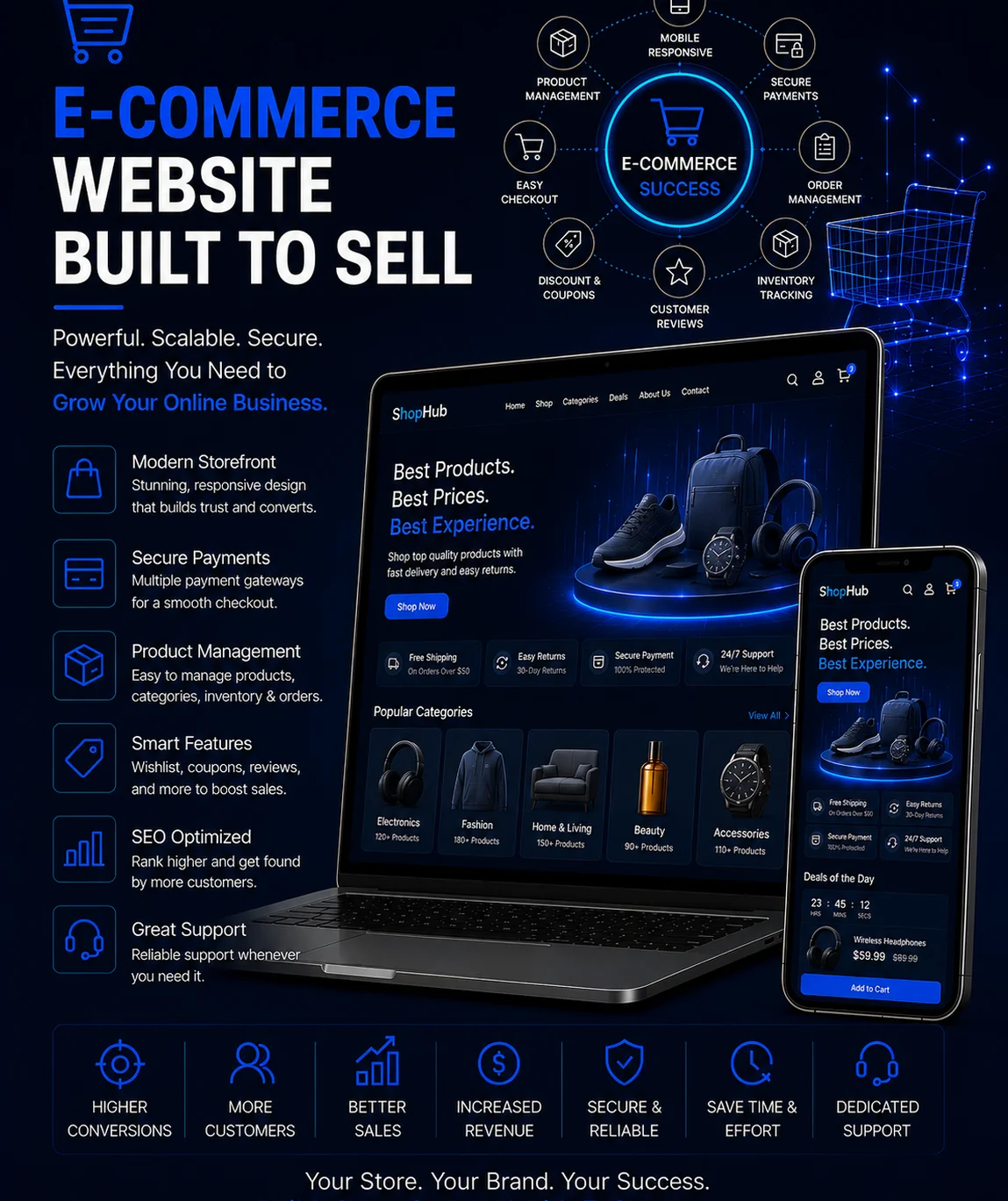 E-commerce website portfolio project by Arish IT Services featuring responsive storefront design, secure payments, product and order management, inventory tracking, coupons and SEO optimization.