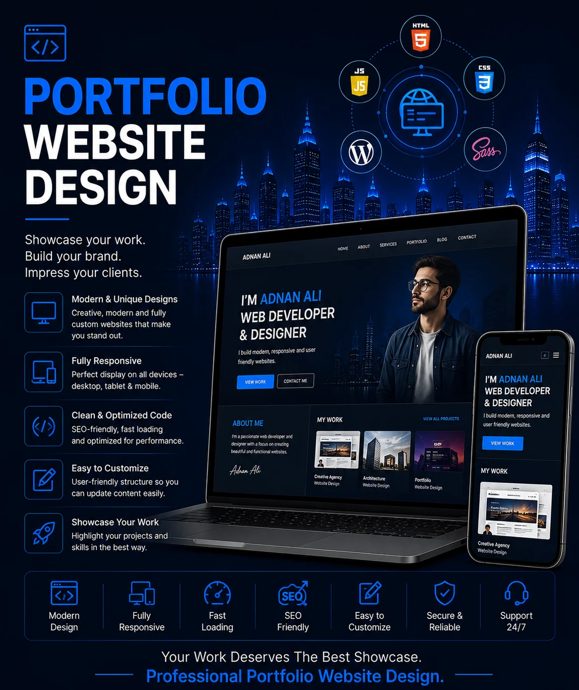 Portfolio website design project by Arish IT Services featuring modern responsive design, SEO-friendly structure, fast loading, customization and project showcase sections.
