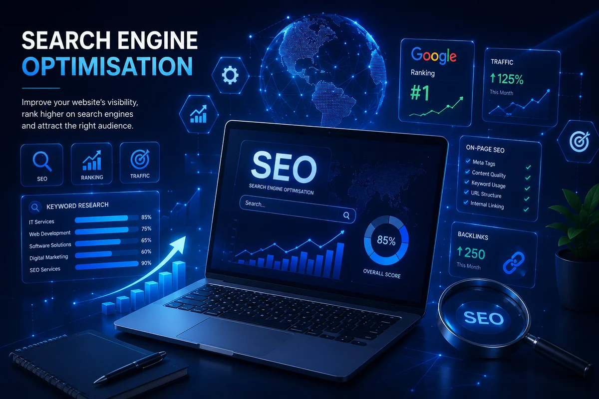 Search engine optimization services by Arish IT Services including keyword research, on-page SEO, backlinks, ranking improvement and website traffic growth.