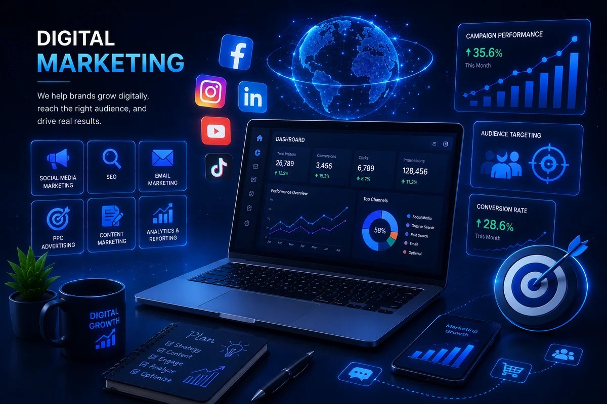 Digital marketing services by Arish IT Services including social media marketing, SEO, email marketing, PPC advertising, content marketing and analytics reporting.