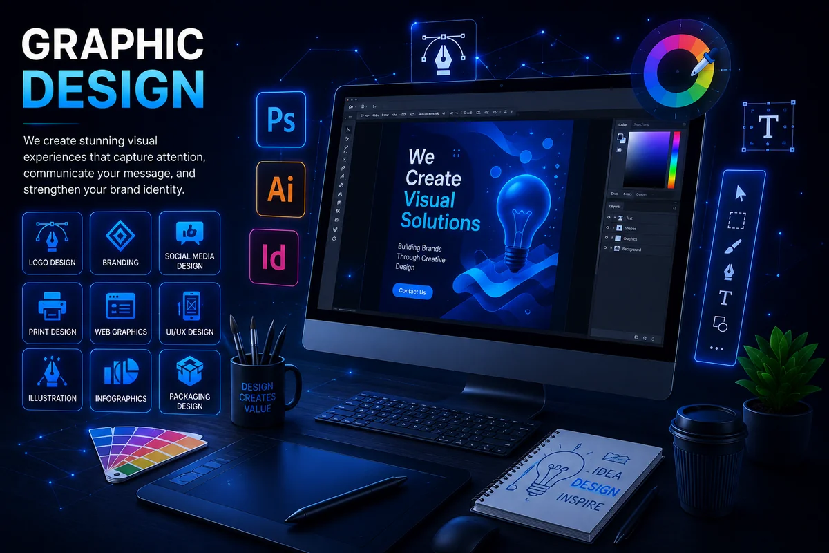 Graphic design services by Arish IT Services including logo design, branding, social media design, web graphics, UI UX design, infographics and packaging design.