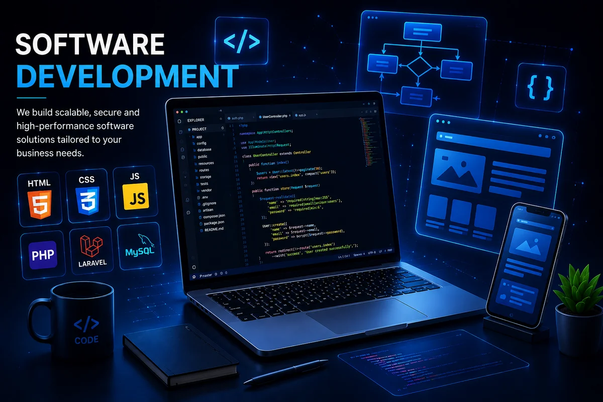 ftware development services by Arish IT Services using PHP, Laravel, MySQL, HTML, CSS and JavaScript for scalable business solutions.